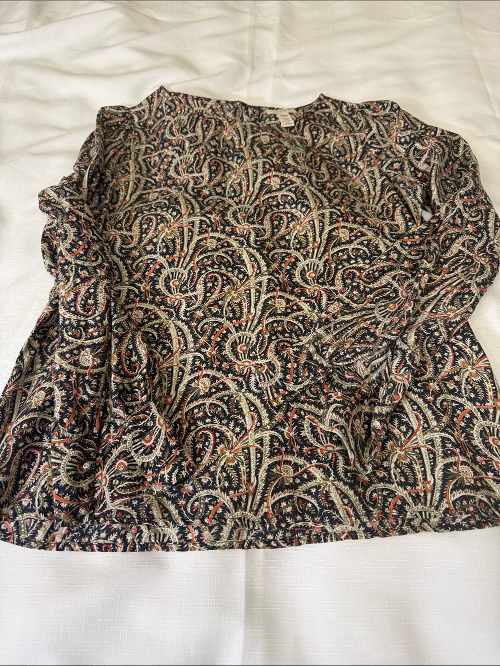 J. Crew Paisley 100% Silk Long Sleeve Top - Navy, Cream, Rust Size 4